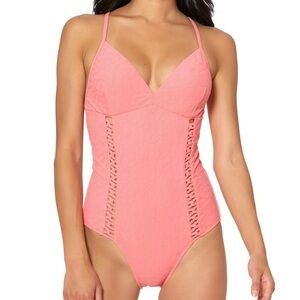 Jessica Simpson MELON Rose Bay 1 piece swimsuit adjustable straps removable pads
